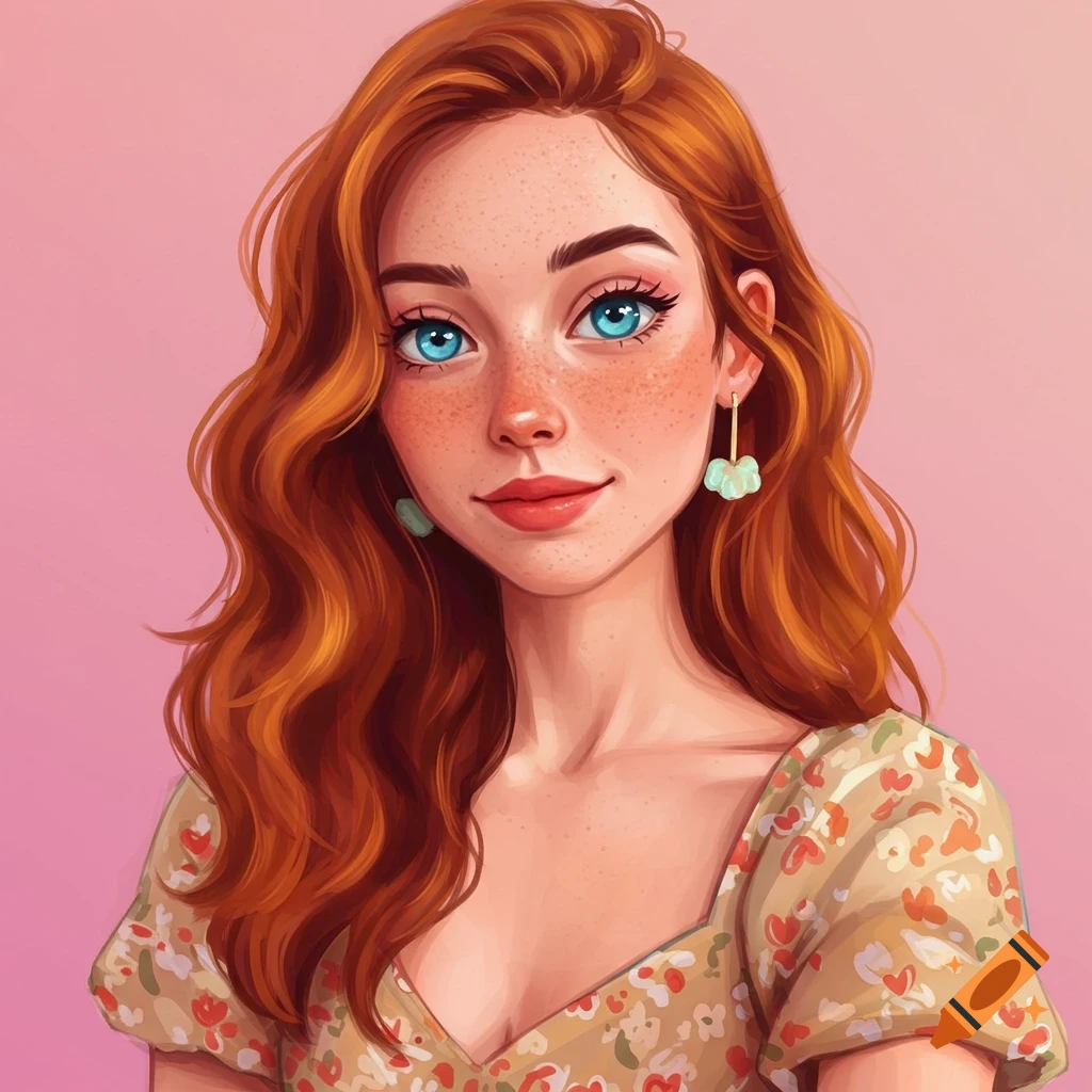Digital illustration of a young woman with red hair and freckles wearing a floral dress.