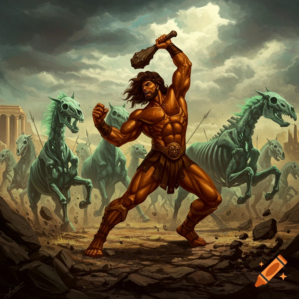 Muscular Hercules battles skeletal horses with a club in an epic fantasy painting.