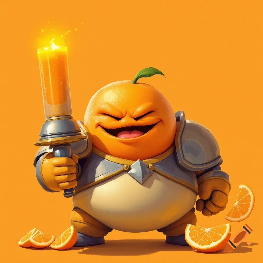 Cartoon orange character in armor holding a glowing glass of orange juice.