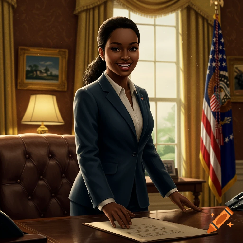 A Black woman in a suit stands smiling behind a desk in an ornate office with an American flag.