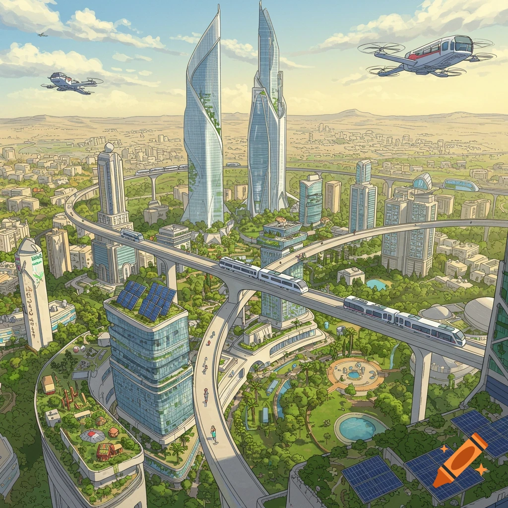 Detailed illustration of a futuristic green city with tall spired buildings, elevated trains, and flying vehicles.