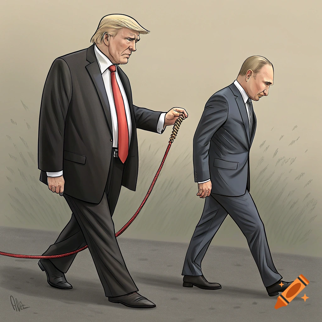 Illustration of Donald Trump walking Vladimir Putin on a leash