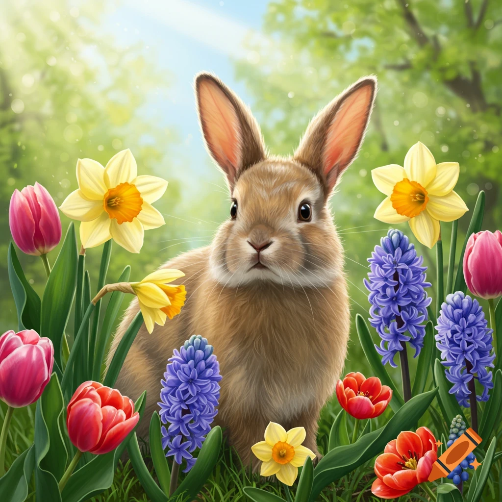 A brown bunny sits among red and pink tulips, yellow daffodils, and blue hyacinths in a sunny spring field. Realistic illustration style.