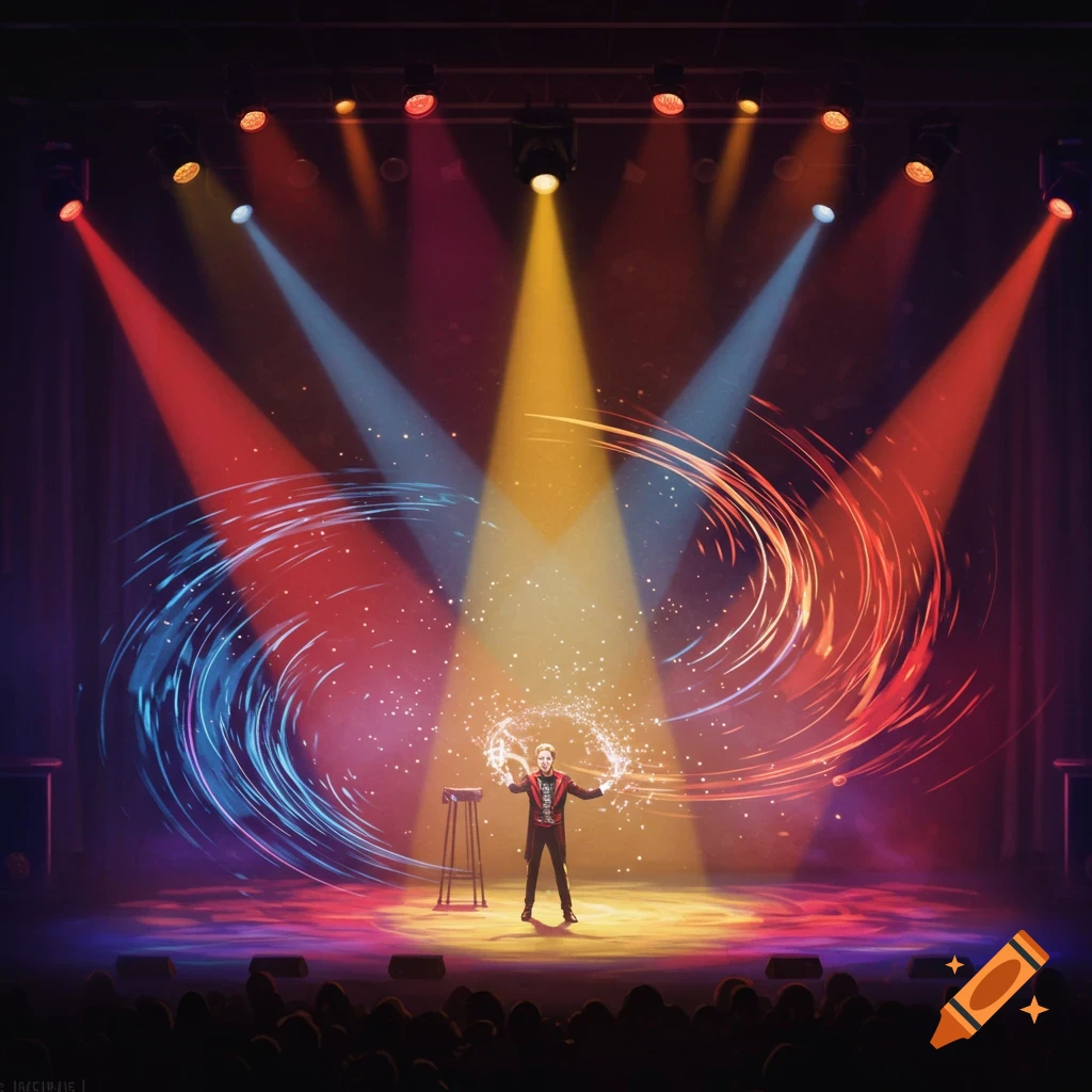 A magician on a stage with colorful stage lights and swirling magical effects