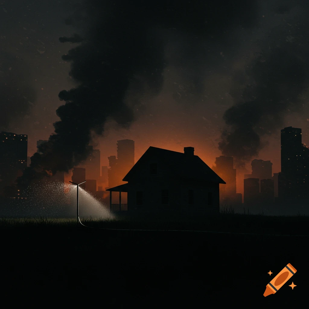 House silhouette against smoky city ruins at sunset, with a sprinkler spray