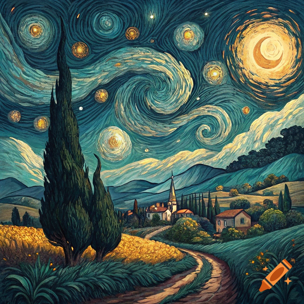 A painting in the style of Van Gogh depicts a village under a swirling night sky with cypress trees, fields, and mountains.