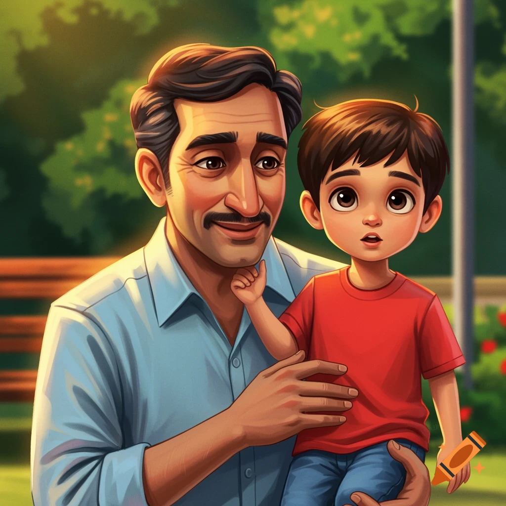 Cartoon illustration of a father holding his young son outdoors.