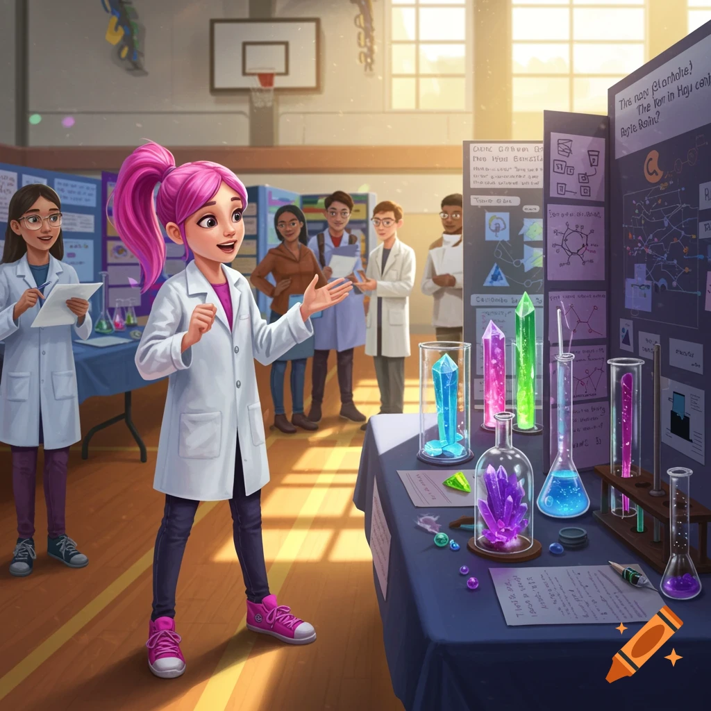 Illustrated image of a young girl in a lab coat presenting her science fair project with colorful crystals and beakers on a table.