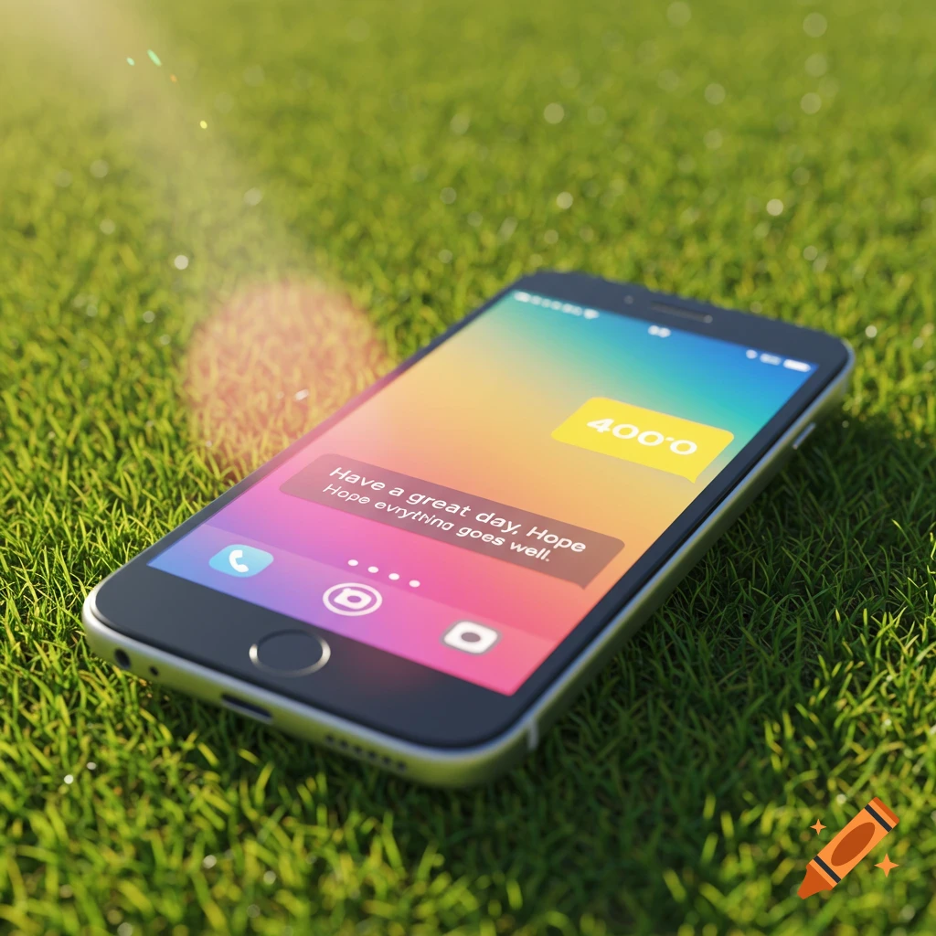 Smartphone lying on grass with a message displayed on the screen.