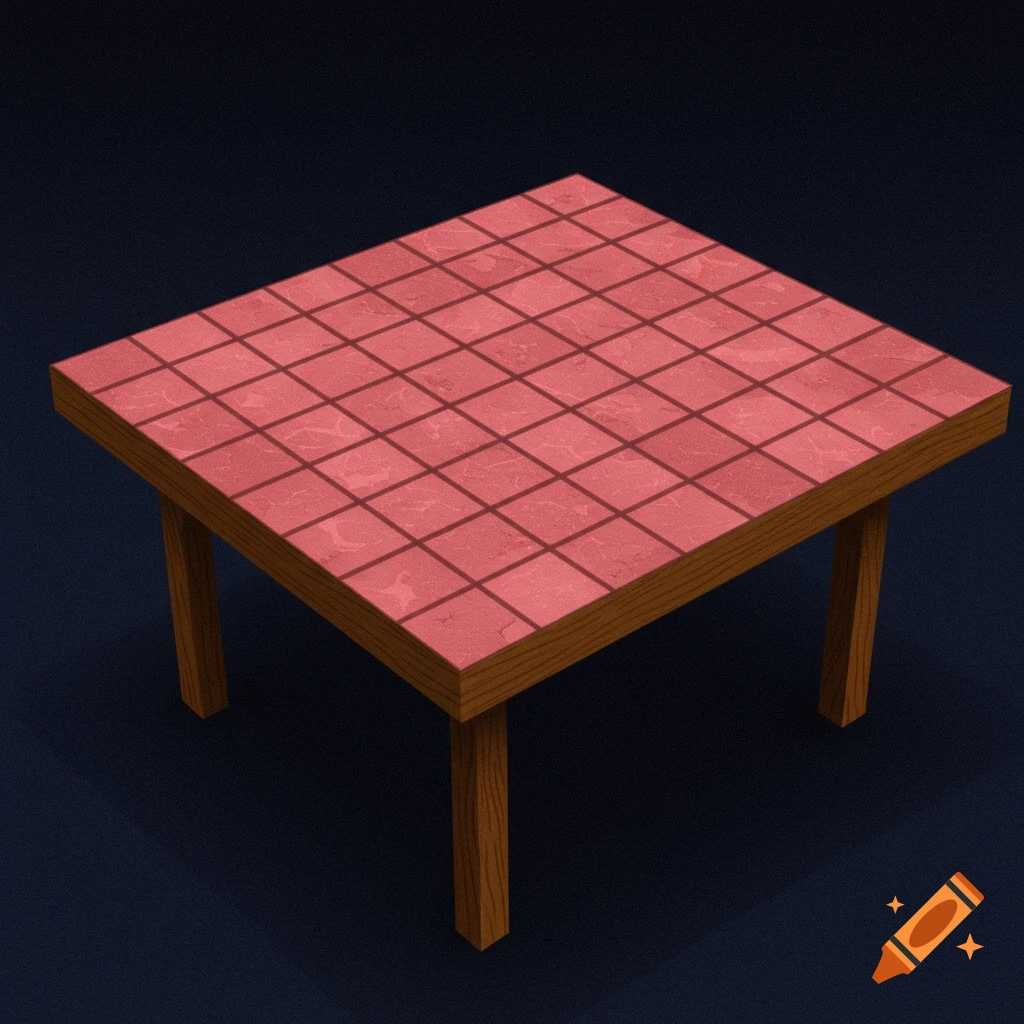 A table with a pink tiled top and wooden legs on a dark background.