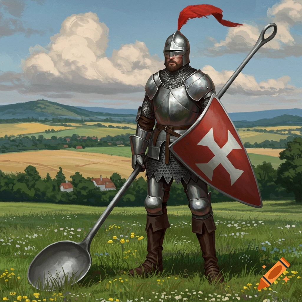 A knight in silver armor and a red shield holds a giant spoon in a grassy medieval countryside field, painted style.