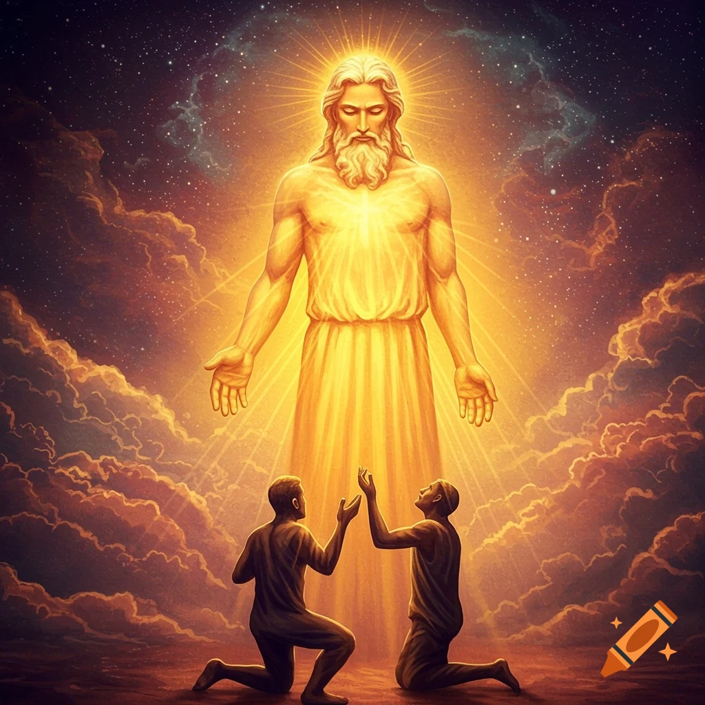 A glowing divine figure in the sky overlooks two people kneeling below, amidst clouds and stars.