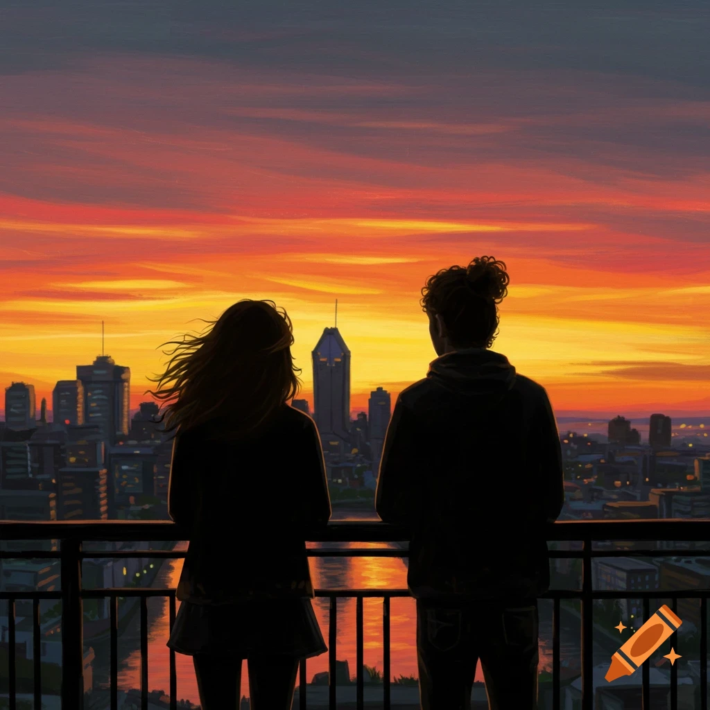 A couple silhouetted against a vibrant sunset over a city, looking out from a balcony. Painting style.