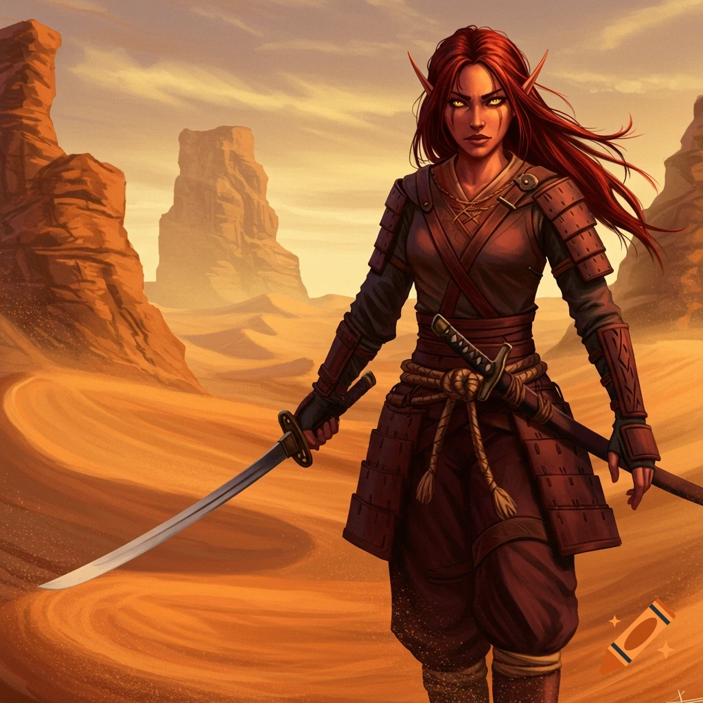 A serious half elf woman in samurai armor holds two swords in a desert landscape.