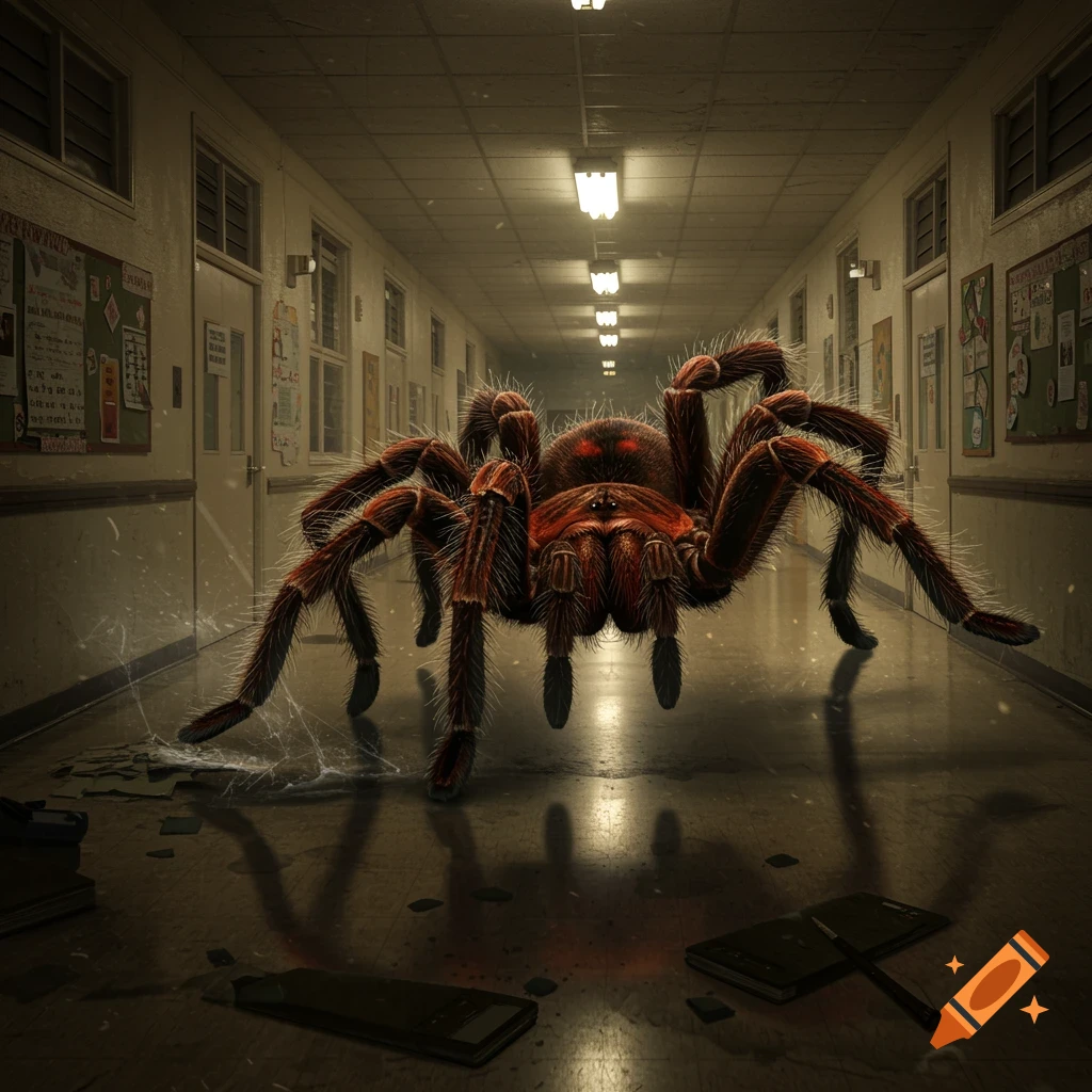 A giant tarantula stands in a school hallway.