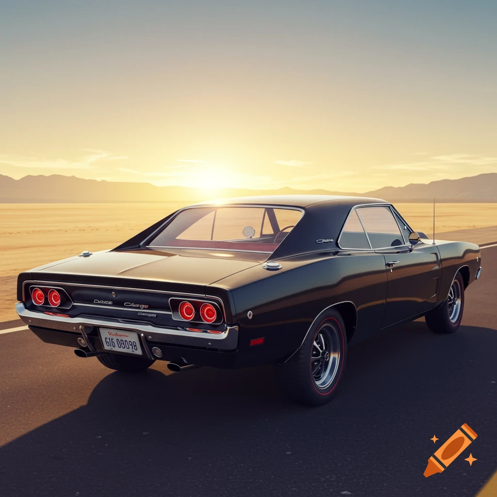 A black 1968 Dodge Charger driving on a road through a desert landscape at sunset.