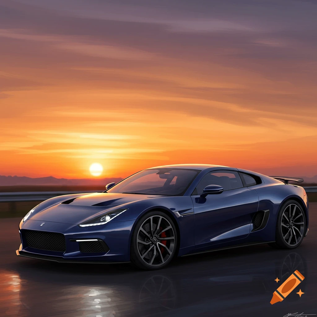 A sleek blue sports car is parked on a wet road under a vibrant orange and purple sunset sky.