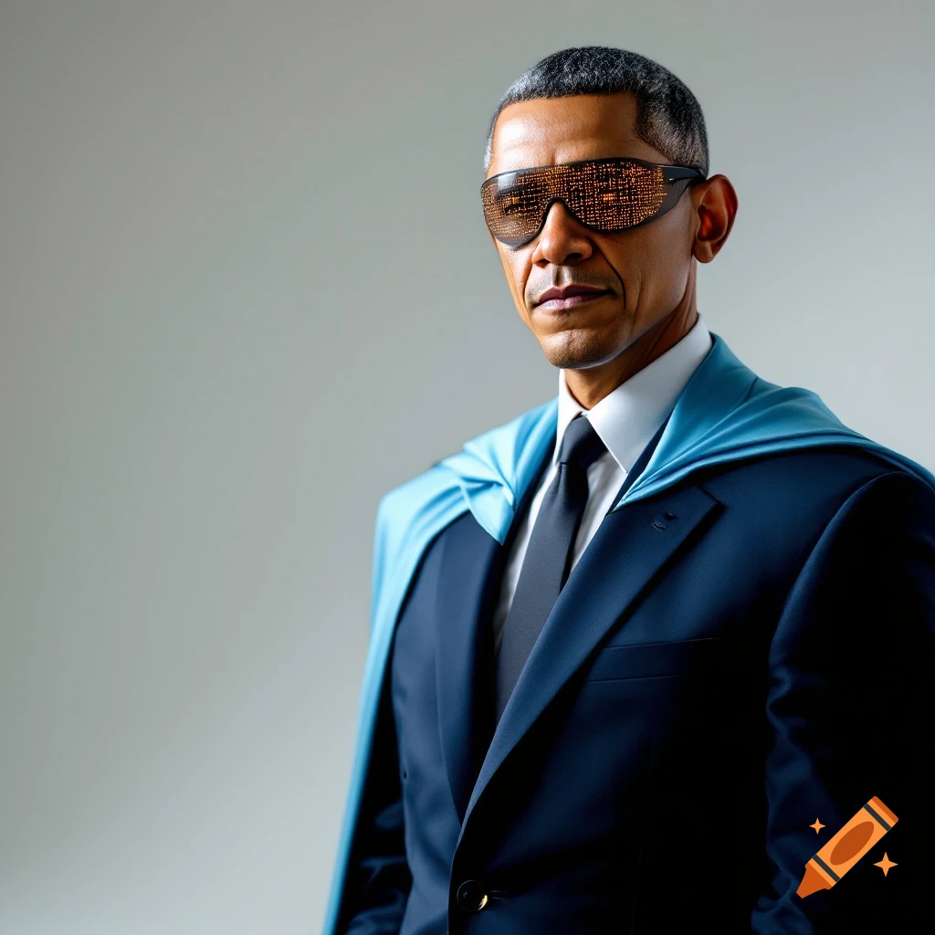 Portrait of Barack Obama in a suit, blue cape, and futuristic glasses with a code pattern.