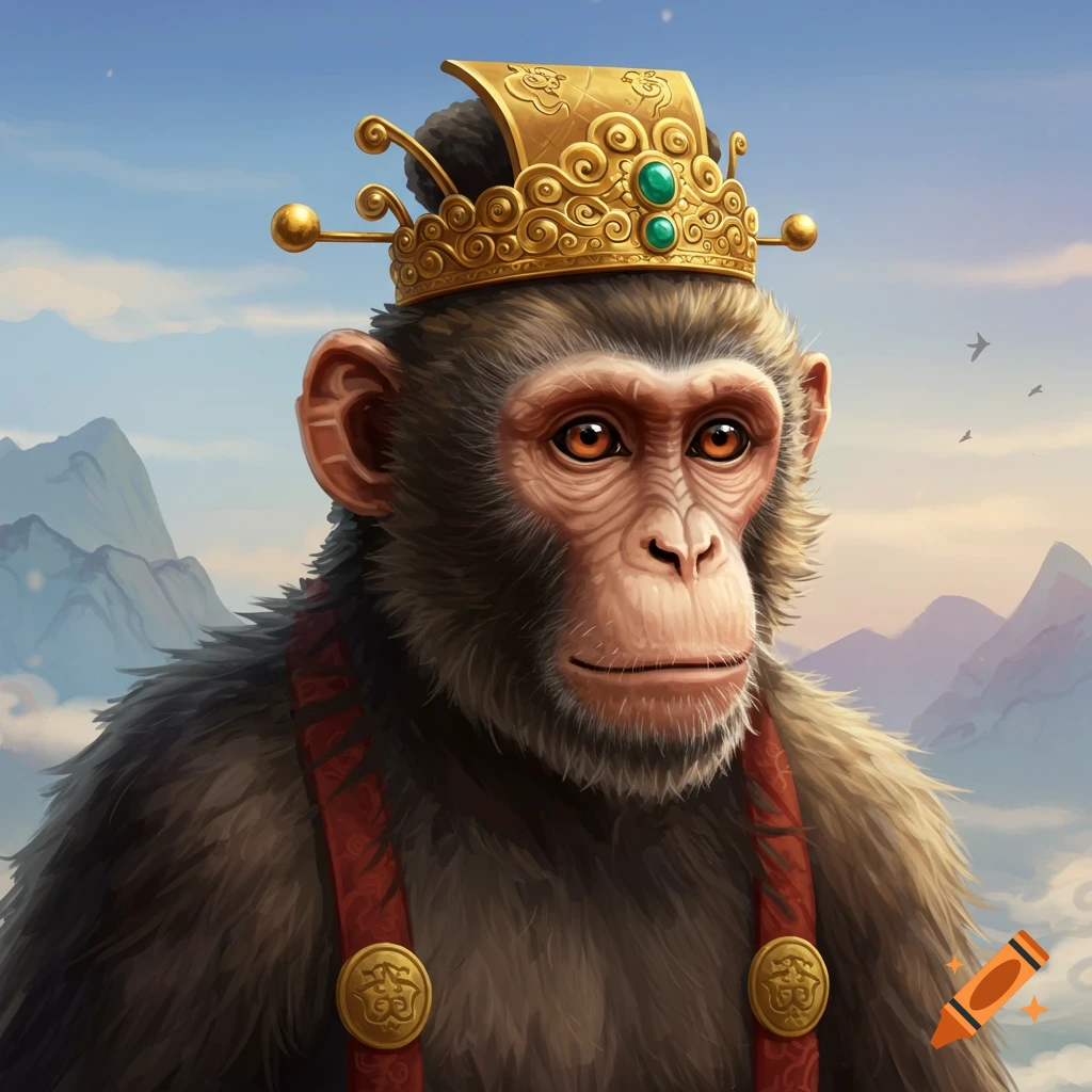 A regal monkey wears a golden crown and red straps, standing in front of mountains and clouds.