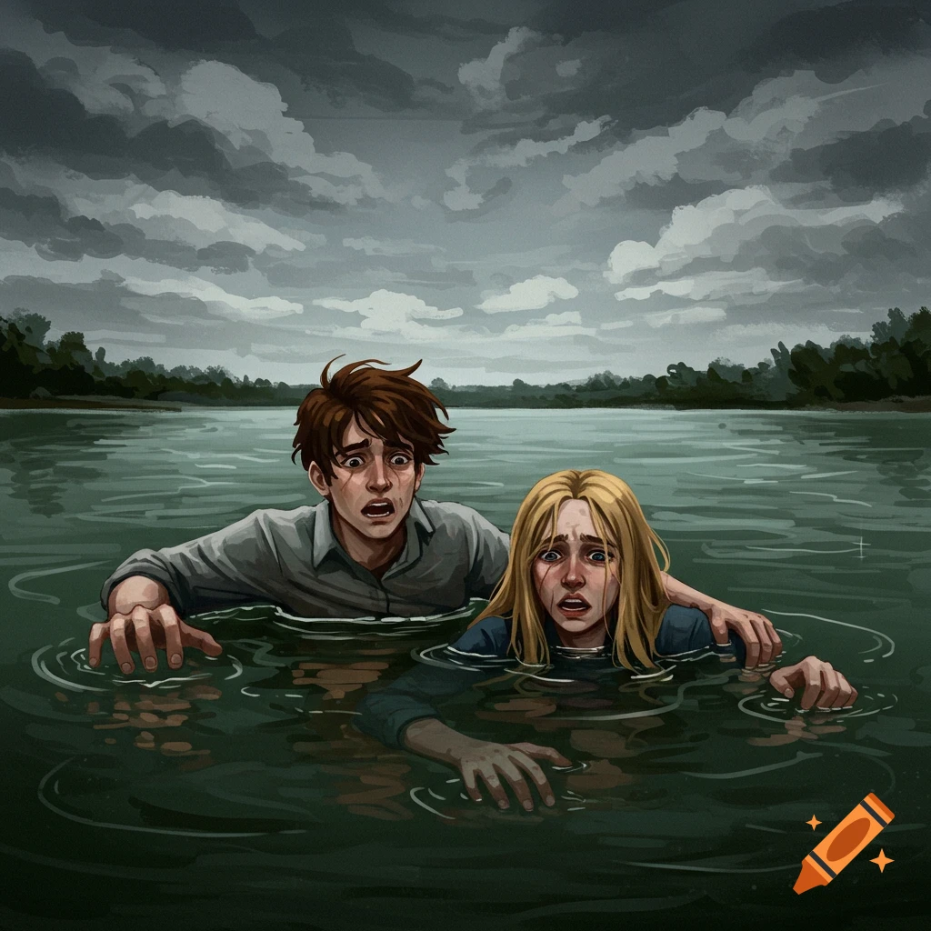 An illustration of a man and woman looking terrified, struggling to stay afloat in a dark lake under a cloudy sky.