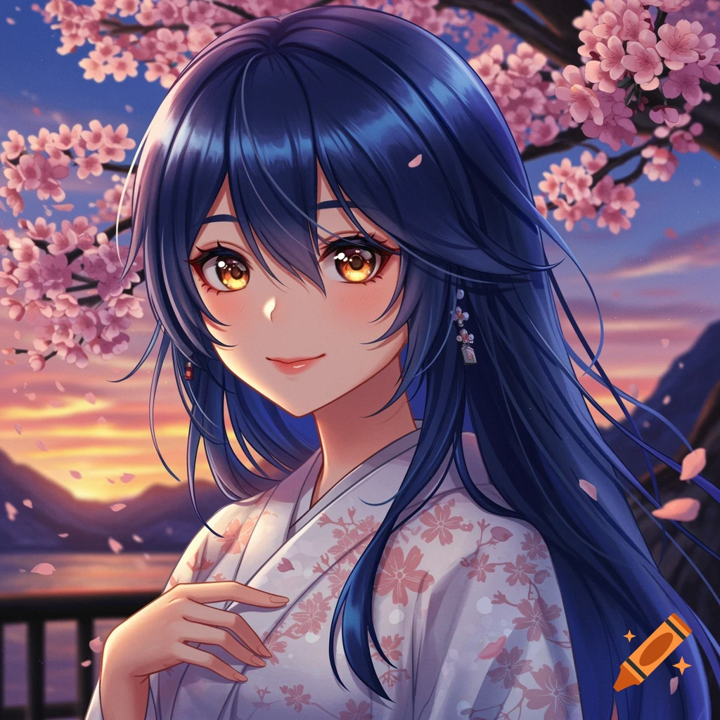 Anime girl in kimono under cherry blossom tree at sunset