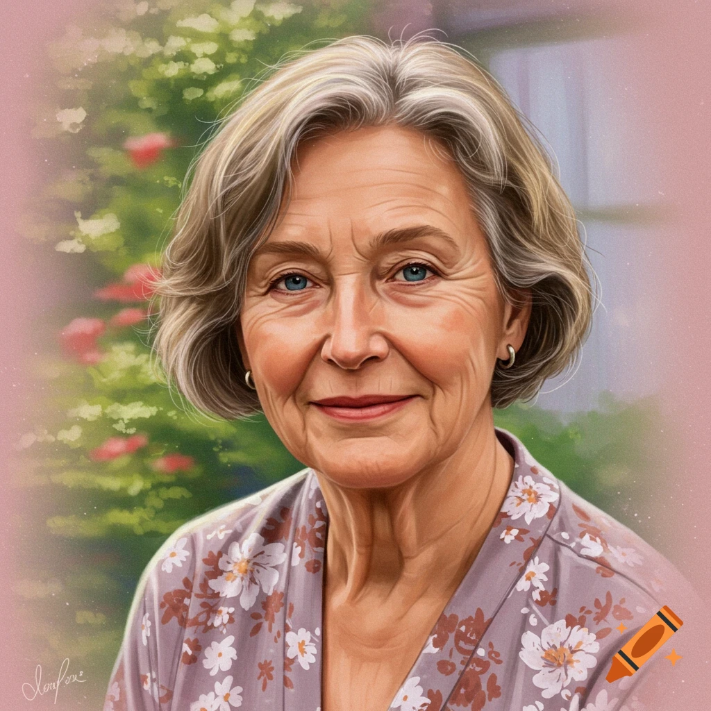 A painted portrait of an older woman smiling in a garden.
