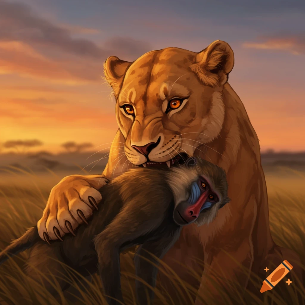 A lioness grips a baboon by the neck in a grassy savanna at sunset, illustration.