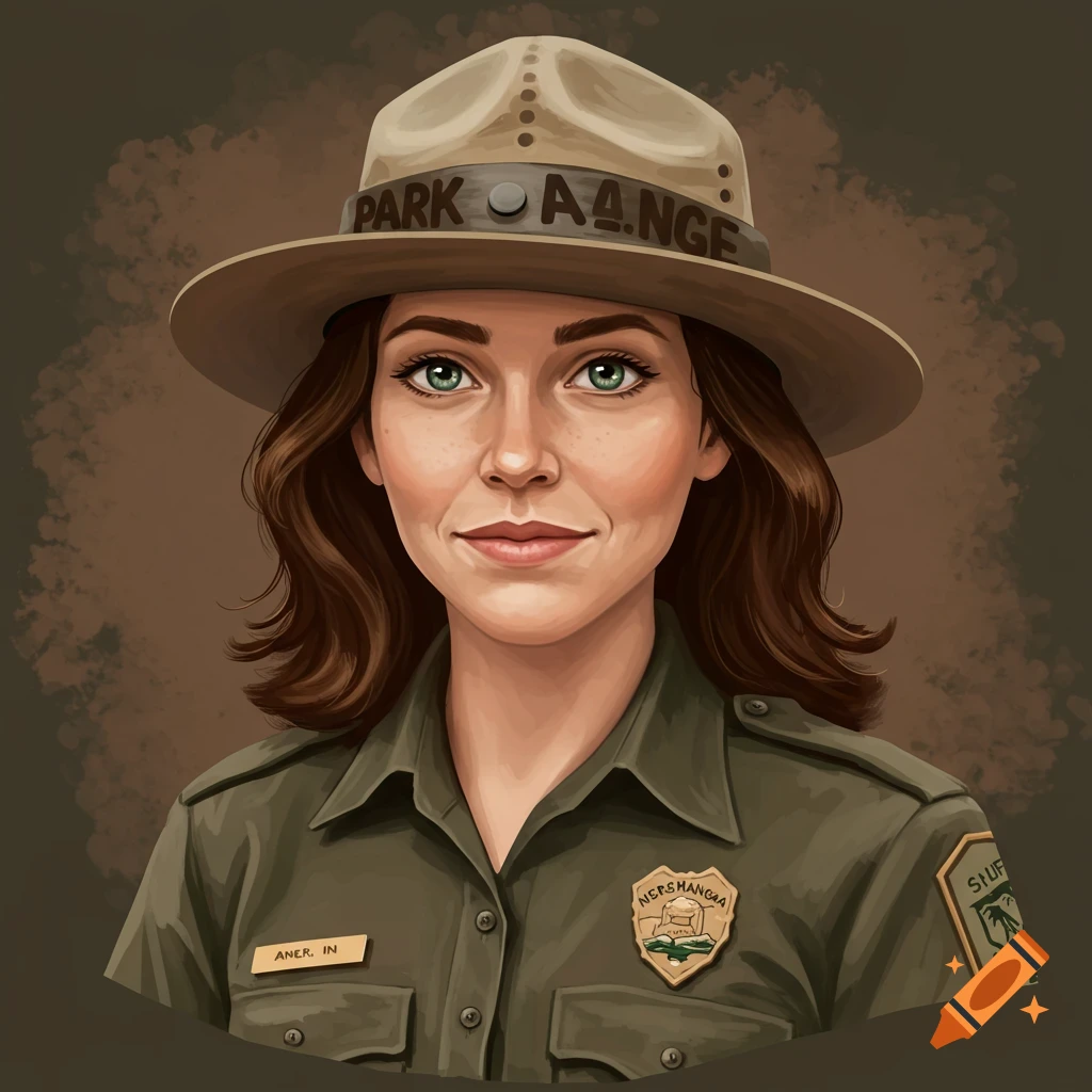 Portrait illustration of a female park ranger wearing a hat and uniform.