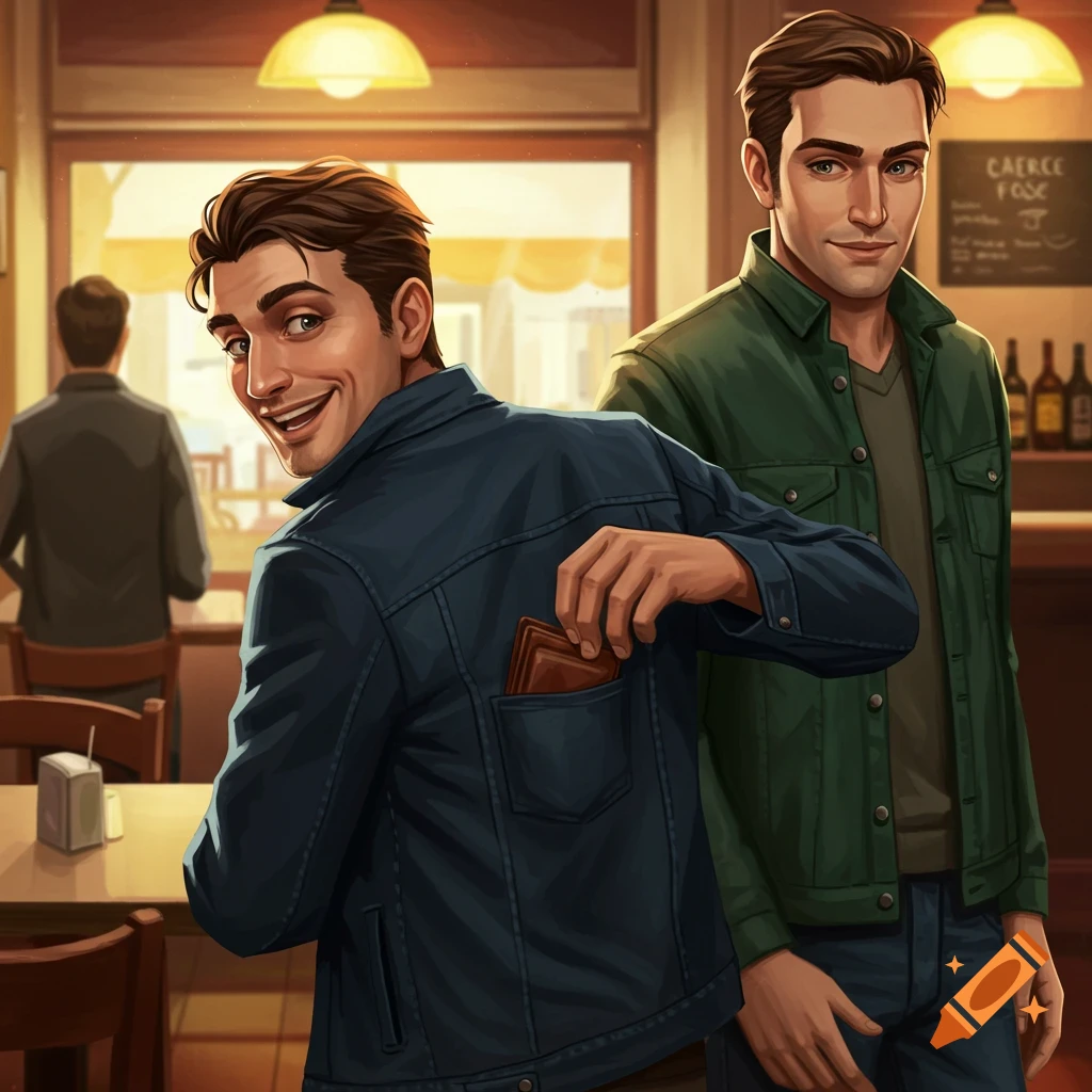 Illustration of a man pickpocketing another man in a cafe.