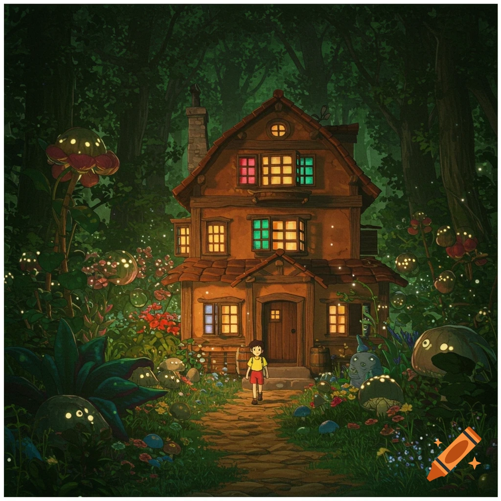 A child walks toward a whimsical house in a dark, glowing fantasy forest, Studio Ghibli style.