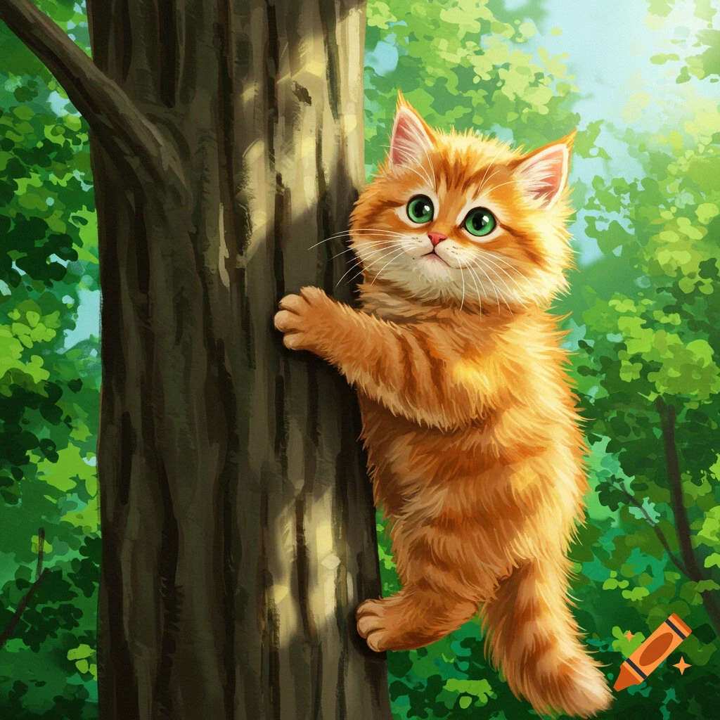 An orange kitten climbs a tree