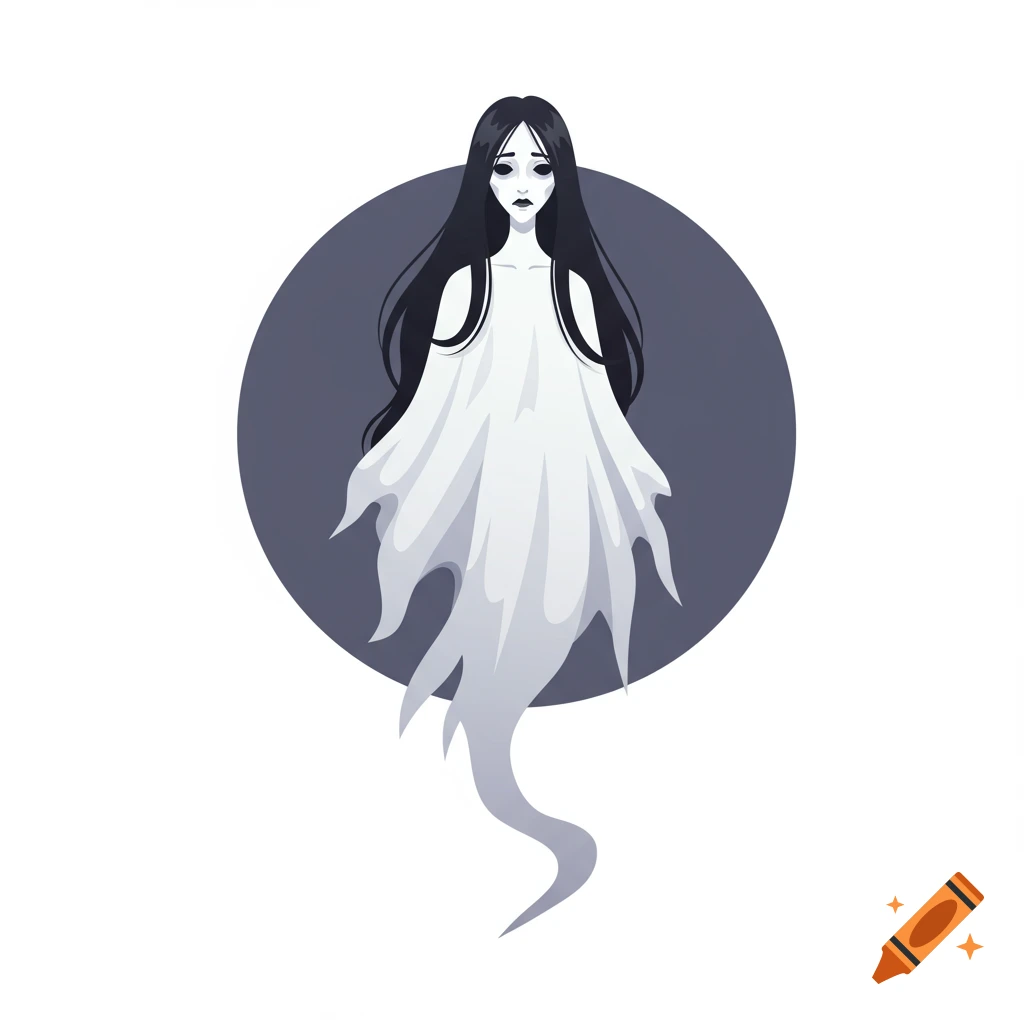 An illustration of a ghost with long dark hair wearing a white sheet against a dark circle background.