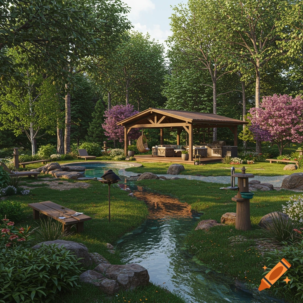 A serene backyard with a gazebo, pool, stream, and lush trees.