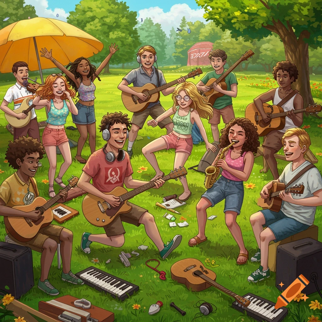 Illustration of a diverse group of young people playing music outdoors with guitars, saxophone, keyboards, and a violin in a park.
