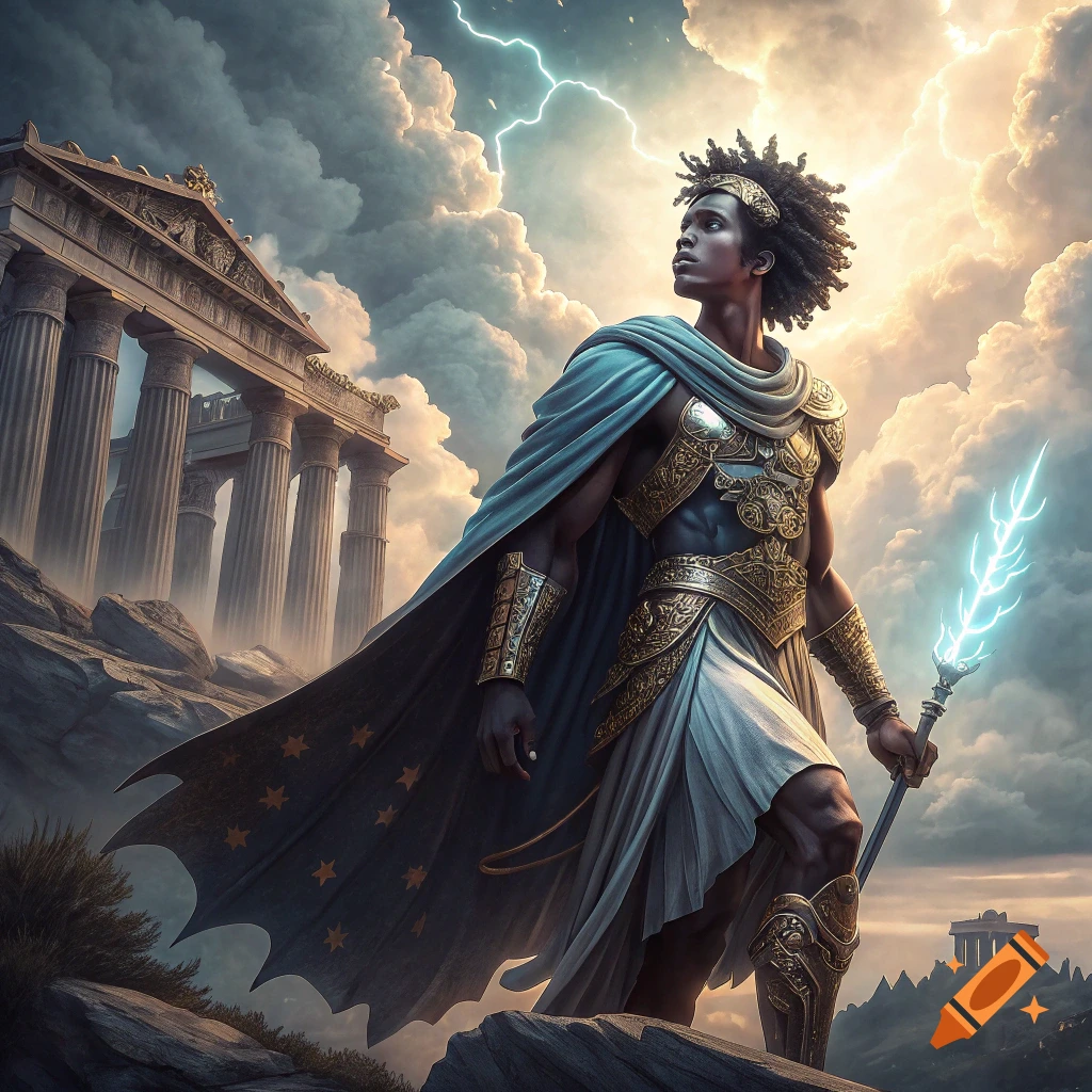 A man depicted as a Greek god stands before temple ruins under a stormy sky, holding a lightning spear.