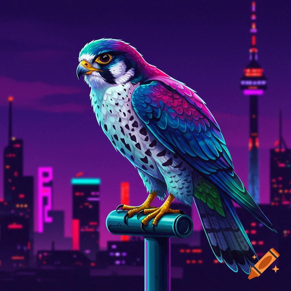 A stylized bird with vibrant blue and purple feathers perches on a bar against a neon cityscape.