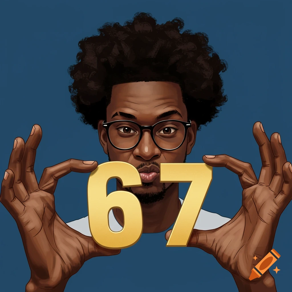 A stylized illustration of a Black man with an afro and glasses holding the golden numbers 67.