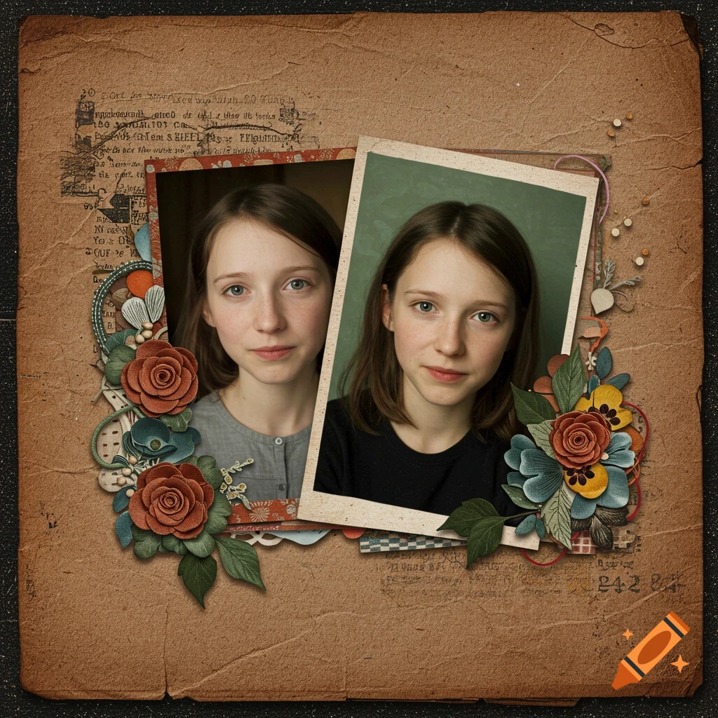 Two portraits of a young girl in a vintage scrapbook layout with decorative paper, flowers, and embellishments.