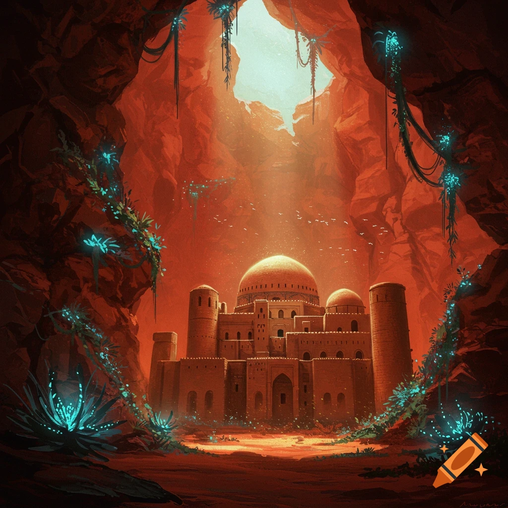 Illustration of an ancient building resembling a Persian castle inside a red rock cavern, lit by light from above. Exotic blue plants line the cave walls.