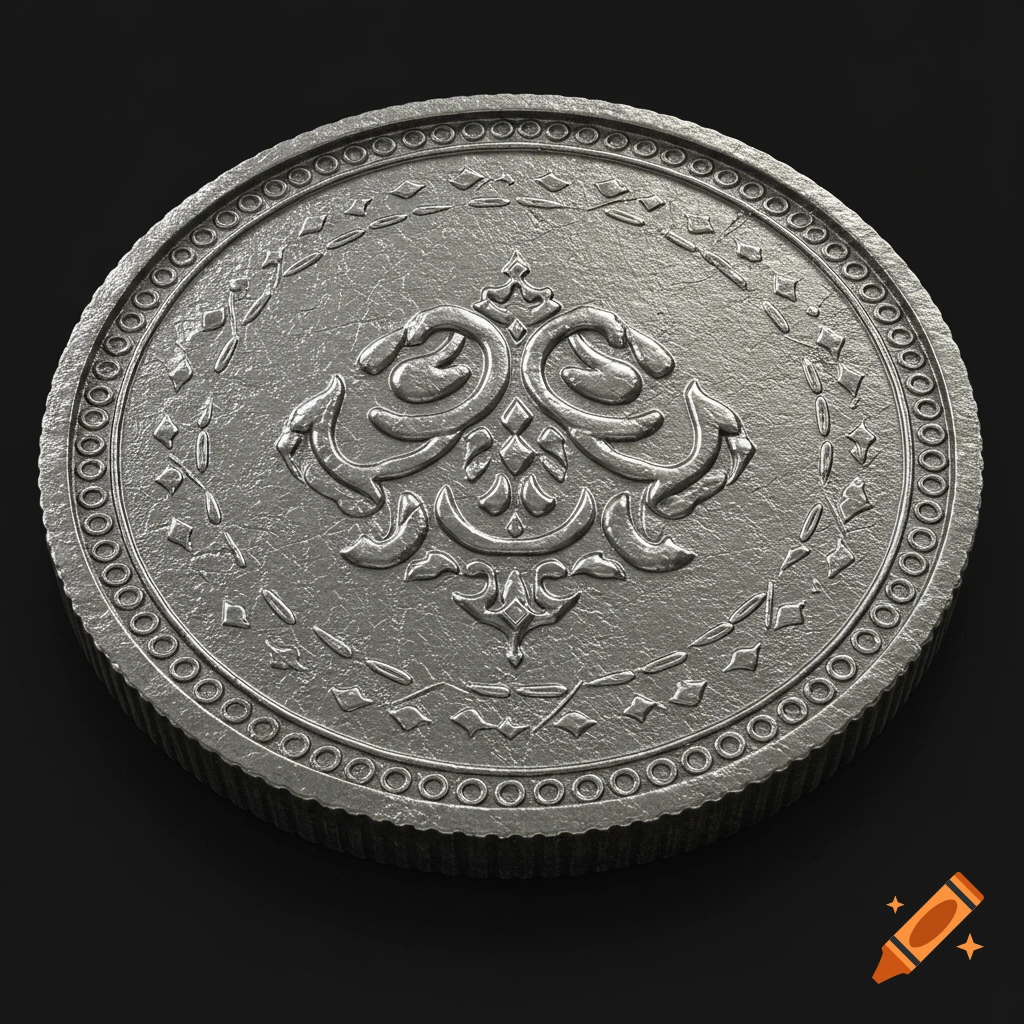 Close-up render of a silver coin with intricate relief design.