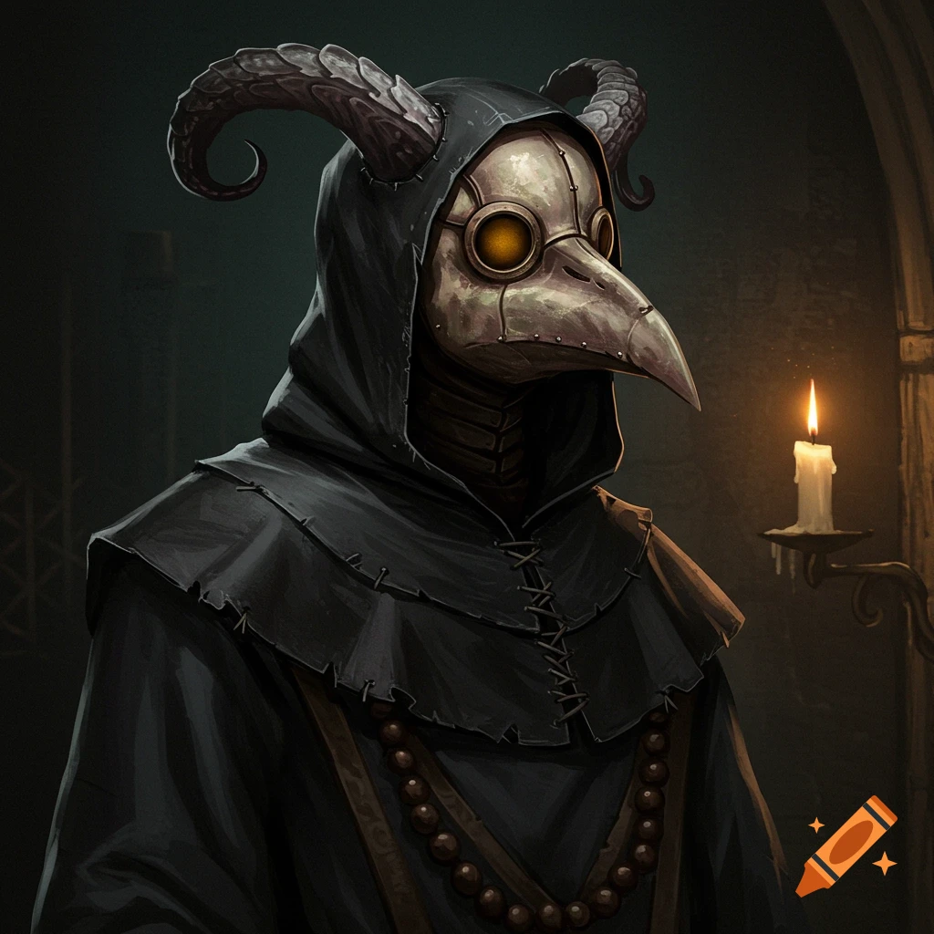 A hooded figure in a plague doctor mask with horns stands by a candle in a dark room.
