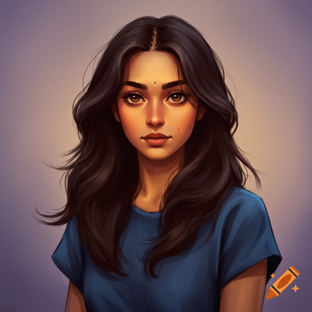 Illustrated portrait of a young woman with dark hair and eyes wearing a blue shirt.