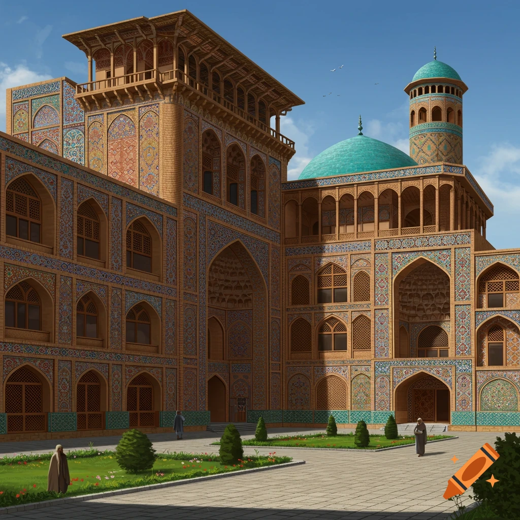Courtyard of an ornate building with domes, a tower, and tiled patterns. Two figures in traditional clothing stand in the garden.