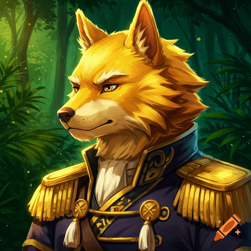 An anthropomorphic golden fox in a blue military uniform with gold trim stands in a forest clearing. Anime style digital illustration.