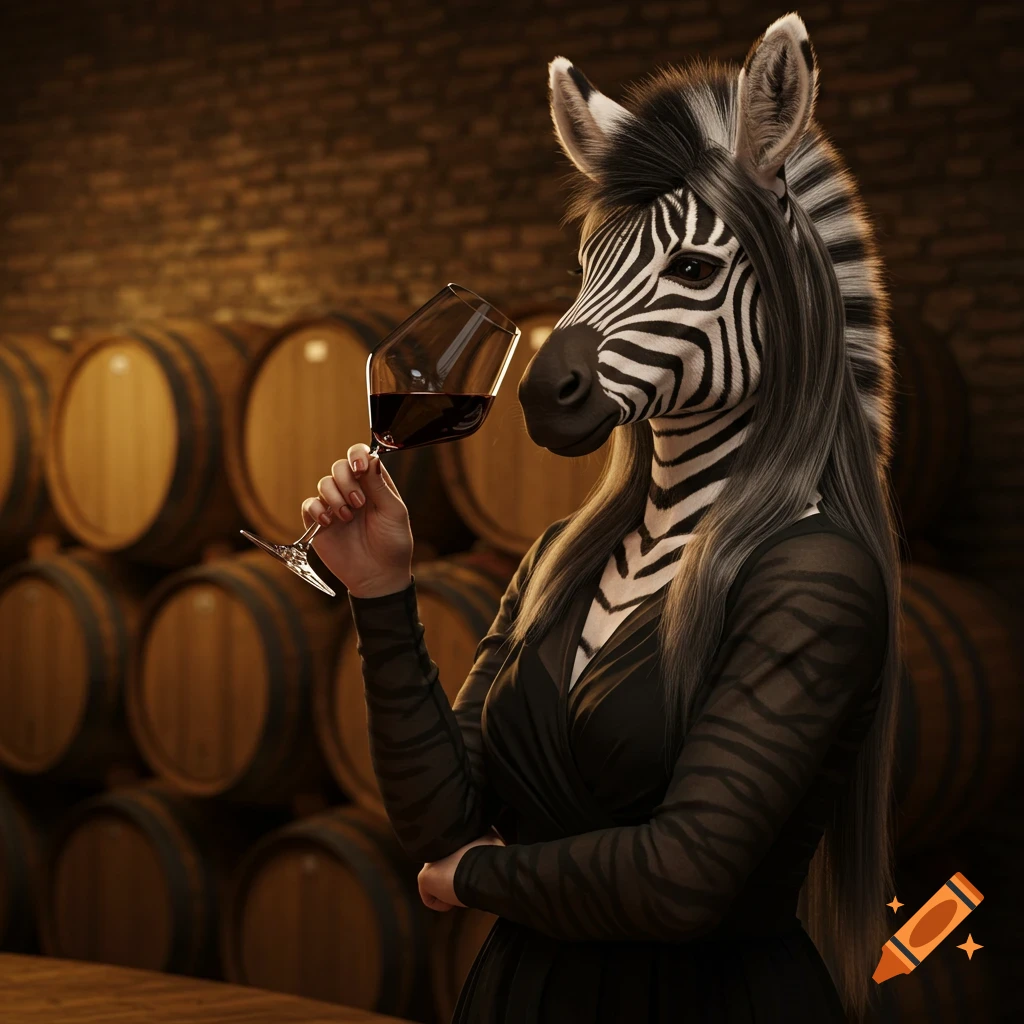 A humanized female zebra in a dress holds a glass of red wine in a cellar with barrels.