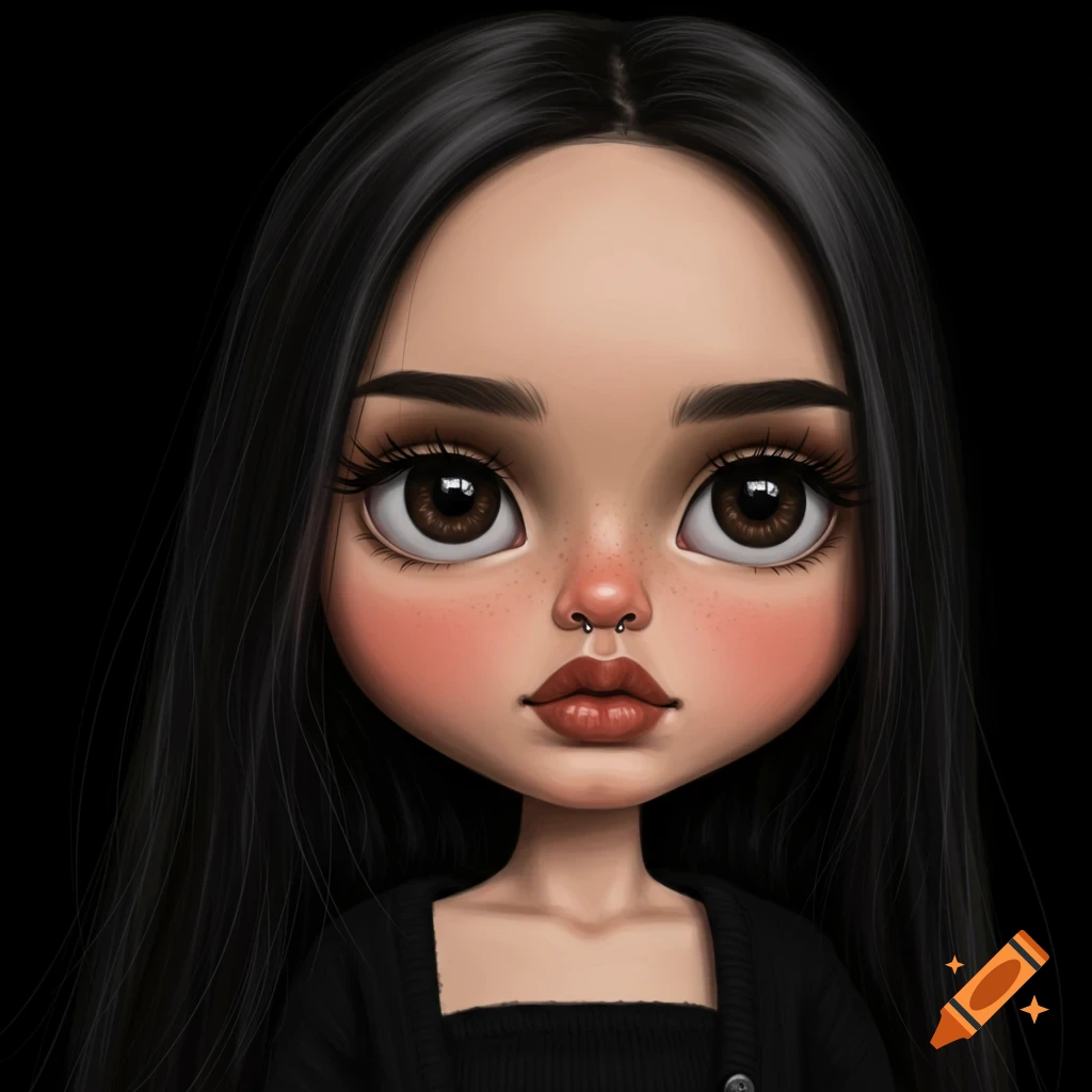 Stylized portrait of a woman with long black hair, big eyes, blushed cheeks, and a nose piercing.