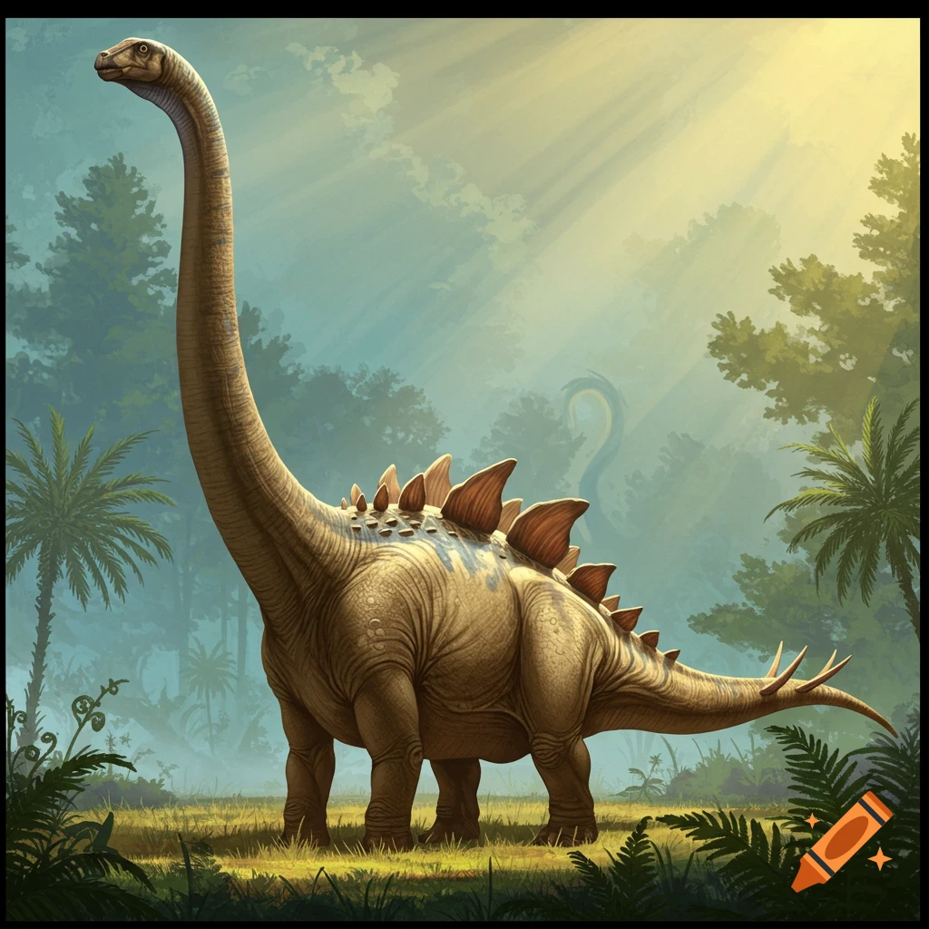 A large hybrid dinosaur with a long neck and plates on its back stands in a misty jungle