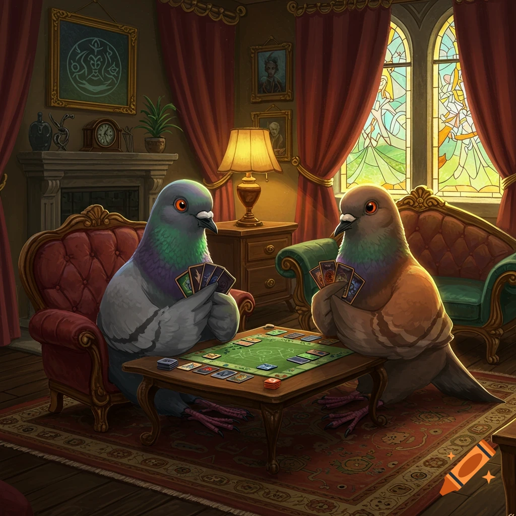 Two anthropomorphic pigeons play cards at a table in a fancy room with stained glass windows.