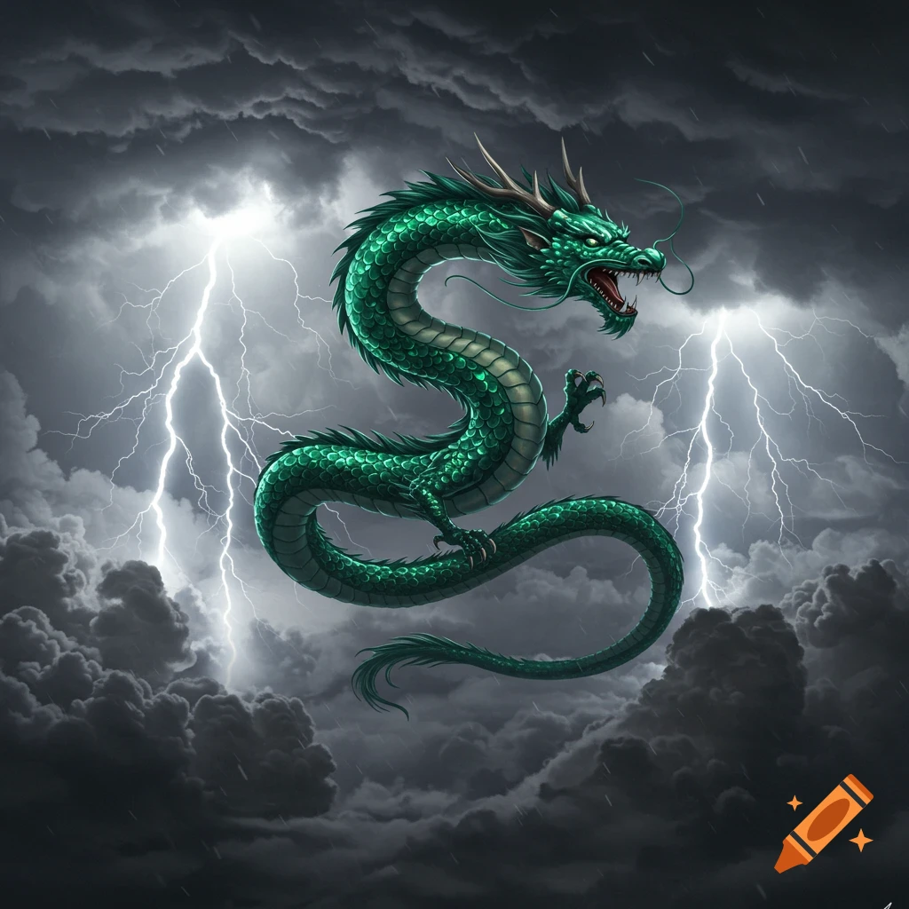 A green Chinese dragon flies through dark storm clouds as lightning strikes.