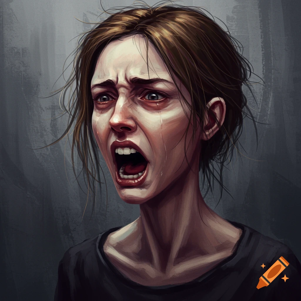 Close-up illustration of a woman screaming and crying with tears streaming down her face.